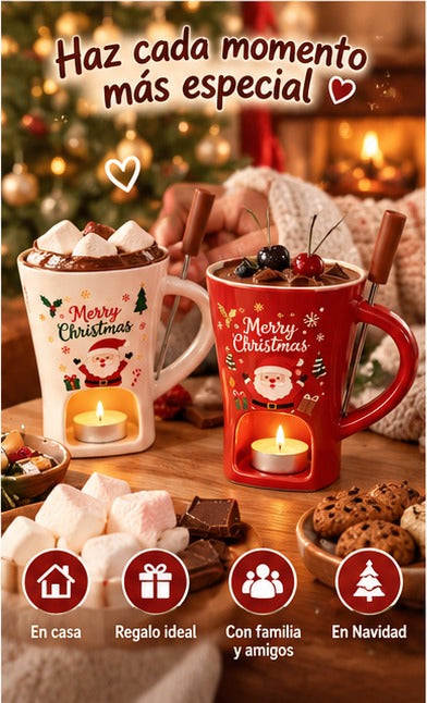 Taza blanca y taza roja con chocolate y nubes: en casa, como regalo, con familia y amigos y en Navidad