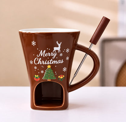 Taza fondue marrón con árbol de Navidad