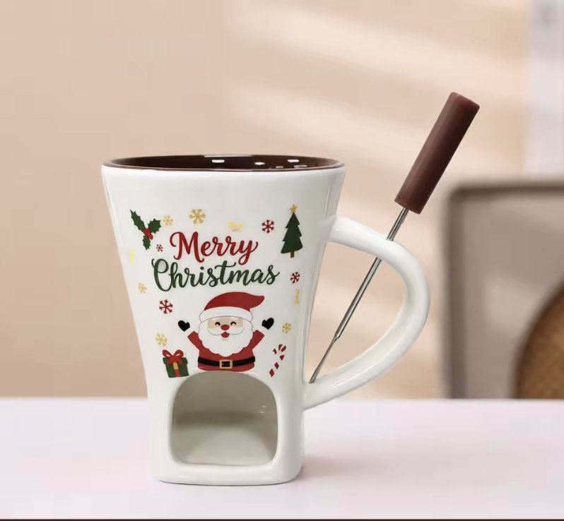 Taza fondue blanca de Papá Noel con pincho