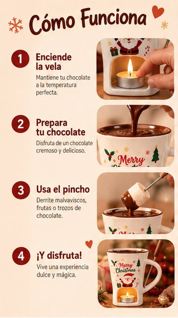 Cómo funciona en 4 pasos: enciende la vela, prepara tu chocolate, usa el pincho y disfruta