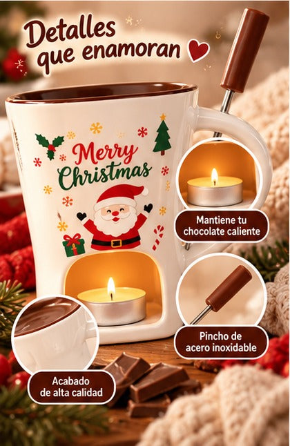 Detalles de la taza: vela que mantiene el chocolate caliente, pincho de acero inoxidable y acabado de alta calidad